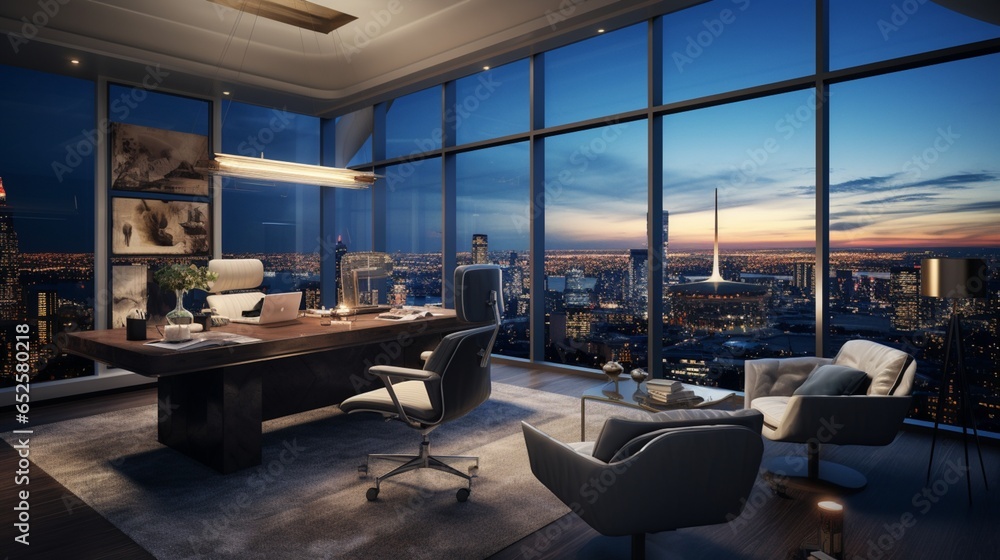 a lavish penthouse office with panoramic windows, a helipad, and executive amenities