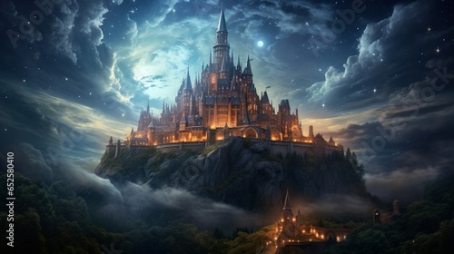 a magical sky over a fairytale castle, transporting viewers to an enchanted world