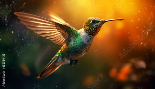 Hummingbird hovers, vibrant feathers spread, nature beauty in motion generated by AI © grgroup