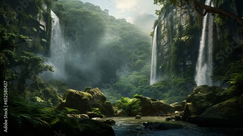 a majestic waterfall surrounded by mist and lush vegetation in a rainforest © DESIRED_PIC