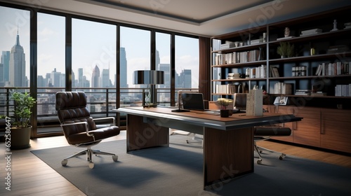 a minimalist executive office with a spacious desk, leather chairs, and contemporary decor