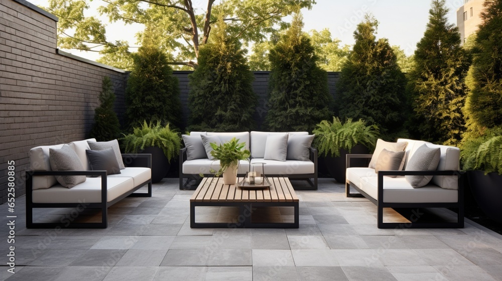 a minimalist outdoor terrace with sleek furnishings, geometric design, and a sense of simplicity - obrazy, fototapety, plakaty 