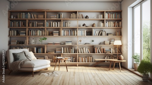 a minimalist library with uncluttered bookshelves, a cozy reading nook, and a contemplative atmosphere © DESIRED_PIC
