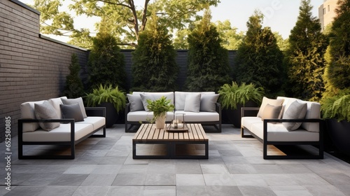 a minimalist outdoor terrace with sleek furnishings, geometric design, and a sense of simplicity