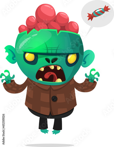 Cartoon funny green zombie with pink brains outside of the head. Halloween vector illustration isolated
