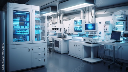 a modern laboratory for medical diagnostics with lab technicians, test equipment, and precise analysis