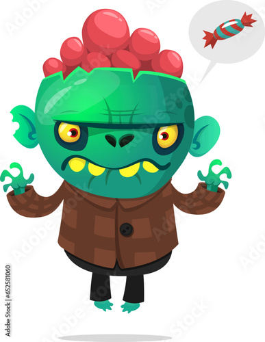 Cartoon funny green zombie with pink brains outside of the head. Halloween vector illustration isolated