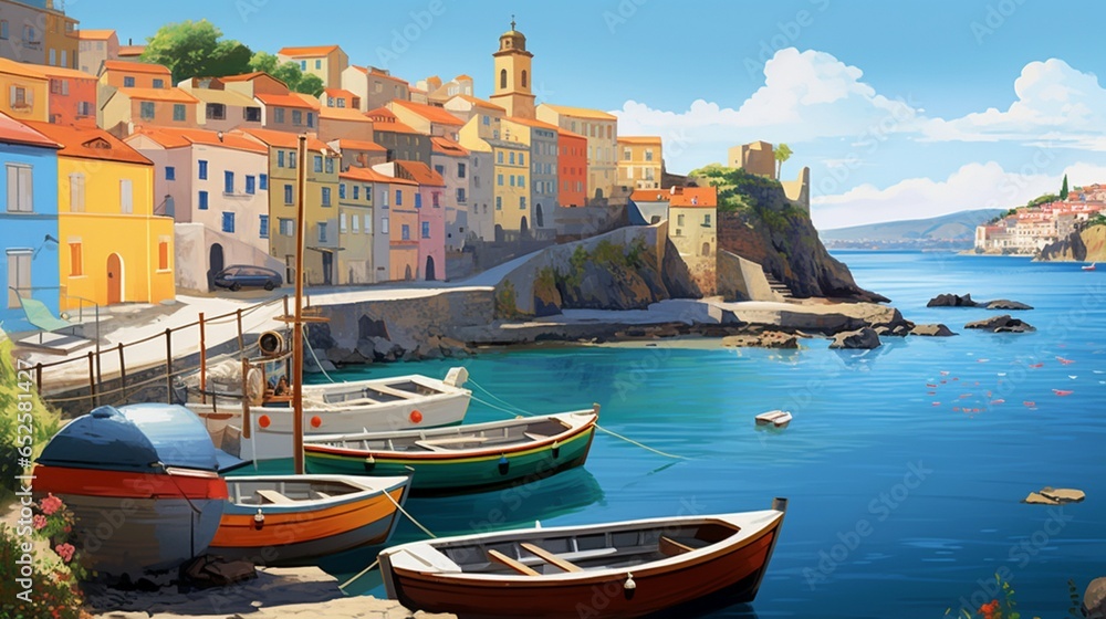 a picturesque coastal village with fishing boats, cliffs, and a serene seaside charm