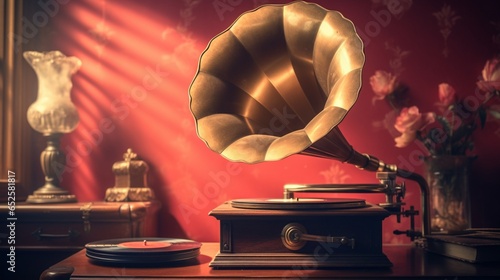 a retro image showcasing an antique gramophone on a dusty, vintage record player