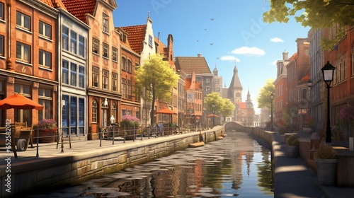 a serene canal in a European city, with historic buildings and boat reflections