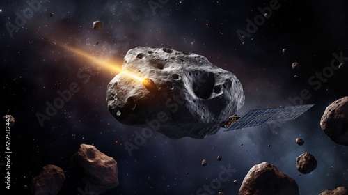 a space background showcasing a space probe exploring an asteroid up close
