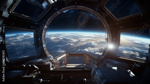 a space scene showcasing an astronaut's perspective of the International Space Station