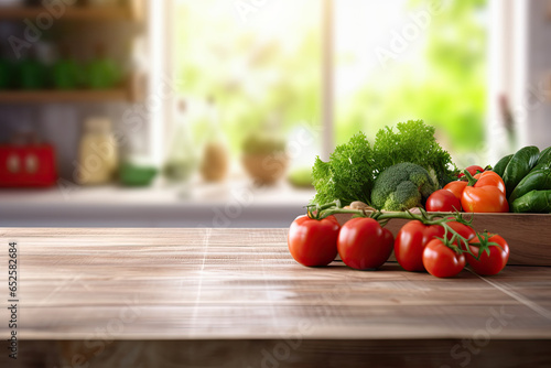 Wooden table with vegetables on blurred kitchen background