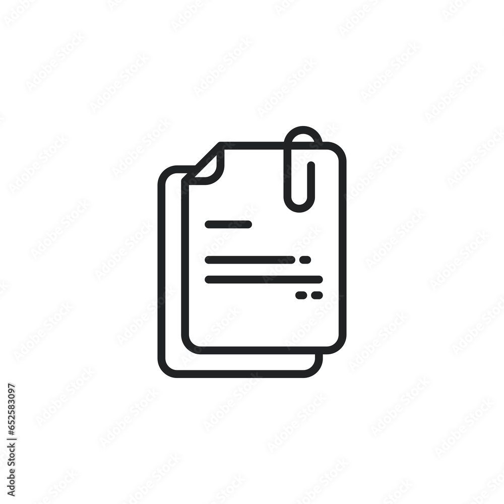 Document attachment, file with paper clip outline icon. Vector illustration. Isolated icon is suitable for web, infographics, interfaces, and apps. Document attachment, file with paper clip outline icon. Vector illustration. Isolated icon is suitable for web, infographics, interfaces, and apps.