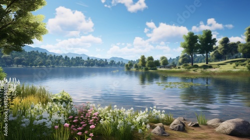 a tranquil lakeside scene with calm waters, lush greenery, and a clear blue sky