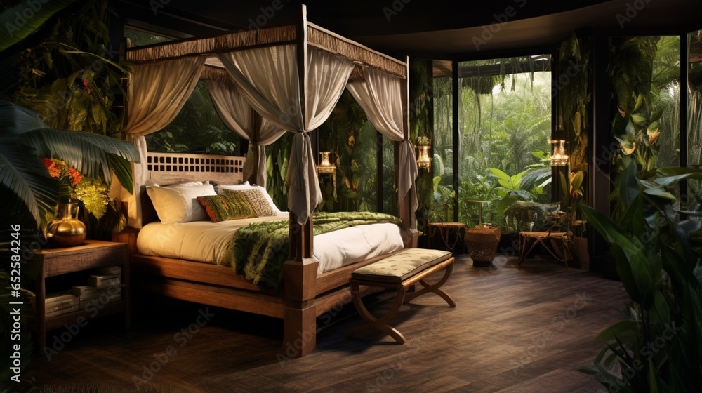 a tropical jungle retreat with a canopy bed, lush greenery, and sounds of the rainforest