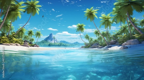 a tropical island lagoon with palm trees, white sands, and clear turquoise waters