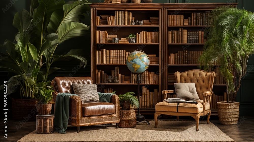 a tropical library with rattan bookshelves, vintage maps, and a sense of exotic adventure - obrazy, fototapety, plakaty 