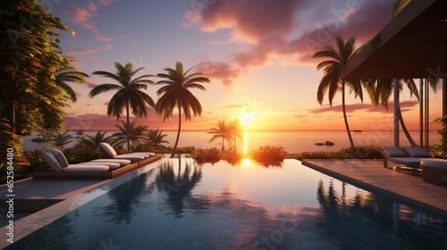 a tropical paradise with an infinity pool overlooking the ocean and a sunset horizon © DESIRED_PIC