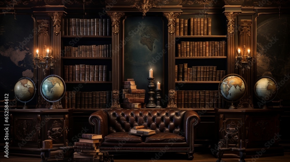 a vintage background featuring an antique library with leather-bound books and dim lighting - obrazy, fototapety, plakaty 
