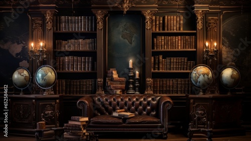 a vintage background featuring an antique library with leather-bound books and dim lighting