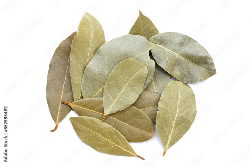 Dried bay leaves on white background.