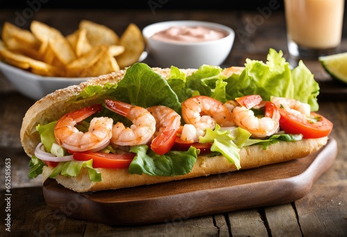 shrimp po’boy with lettuce, tomato, pickles, and remoulade sauce Generative AI