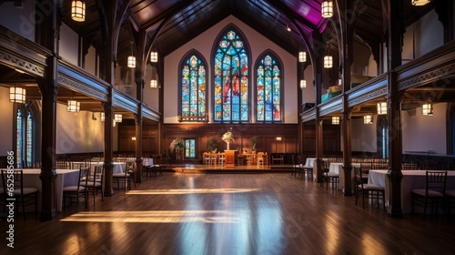 an adaptive reuse of a former church  now an elegant event venue with stained glass windows