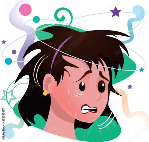 Sick person suffering from vertigo, feeling confused, dizzy and head ache. Flat vector illustration for stress, sickness symptoms, migraine, hangover concept