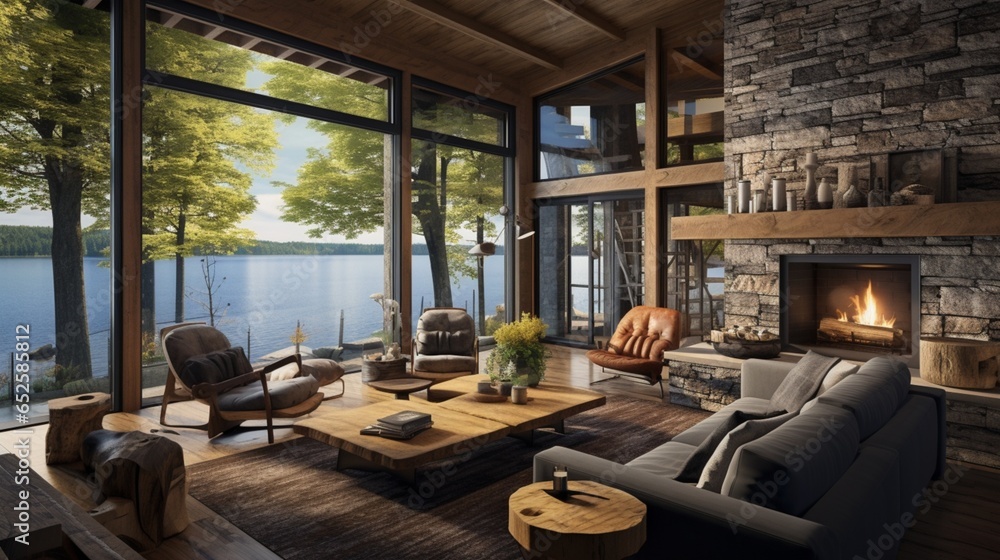 an eclectic lakeside cabin with a mix of rustic and contemporary, embracing nature's beauty