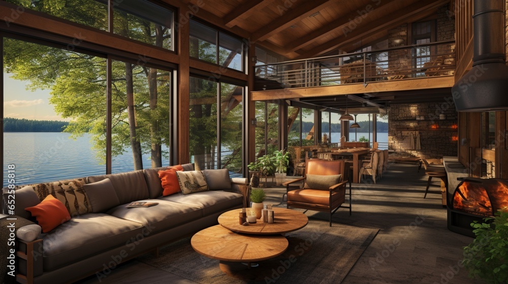 an eclectic lakeside cabin with a mix of rustic and contemporary, embracing nature's beauty