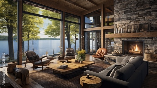 an eclectic lakeside cabin with a mix of rustic and contemporary, embracing nature's beauty © DESIRED_PIC
