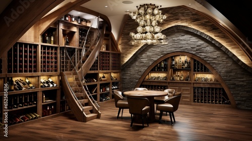 an eclectic wine cellar with a variety of wine racks and tasteful quirkiness, enticing wine enthusiasts