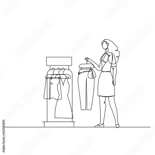 Black Friday Shopping day Vector continuous one line drawing happy woman standing in front of hanger rack Black Friday Vector EPS10