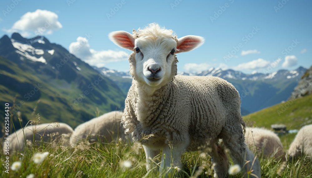 Fototapeta premium Cute lamb grazing on green meadow, surrounded by peaceful mountains generated by AI