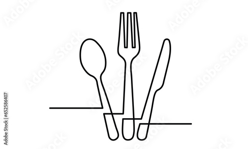 One continuous line spoon, knife, and fork.single line Cutlery design. Cutlery vector isolated on a white background.restaurant logo stock illustration.