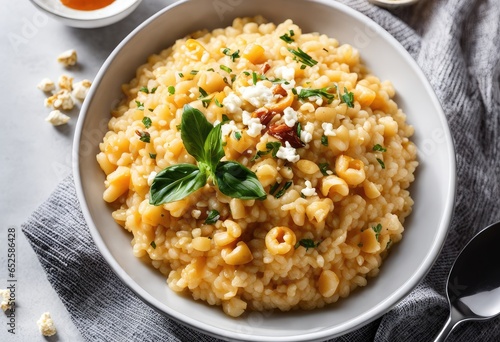 steaming bowl of risotto, but replace the rice with popcorn and caramel sauce Generative AI 