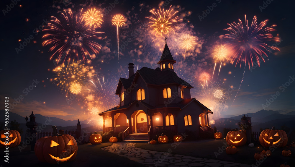 Halloween fireworks celebration. Image is generated with the use of an Artificial intelligence