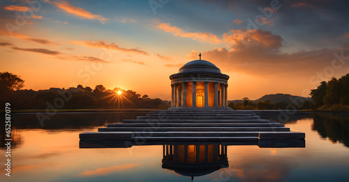 Golden Hour Elegance Sunset Reflection on an Ancient Marble Mausoleum Tomb