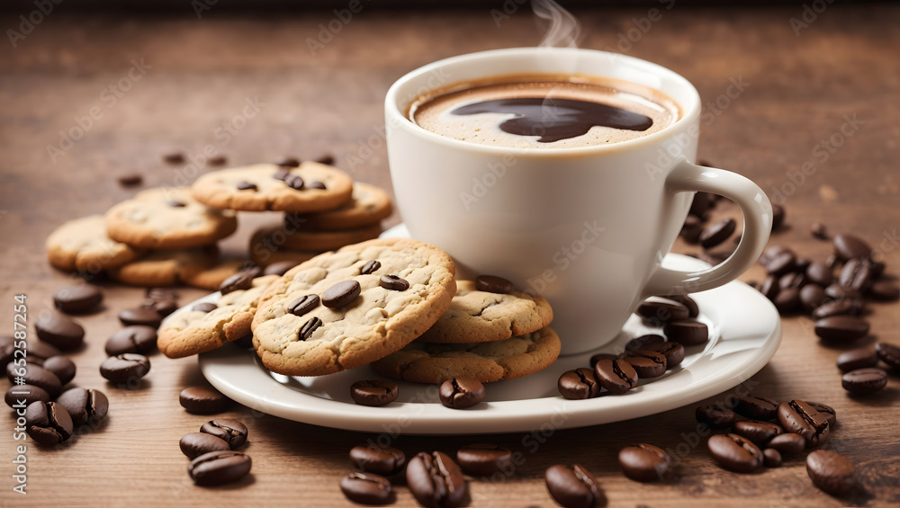 Cookie Biscuit with Hot Coffee and Coffee bean placed in the Wooden table. Image is generated with the use of an Artificial intelligence Cookie Biscuit with Hot Coffee and Coffee bean placed in the Wooden table. Image is generated with the use of an Artificial intelligence