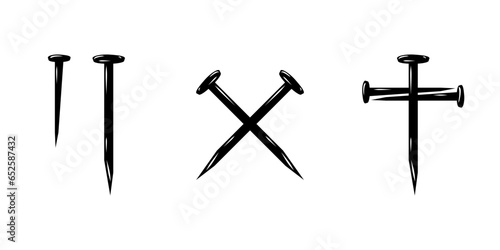 Set black nails cross christian crucifix religion icon flat vector design