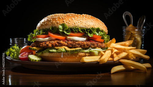 Grilled beef burger with cheese, tomato, and French fries on table generated by AI