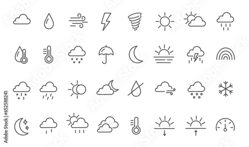 Linear weather icons on a white background.  Editable stroke outline