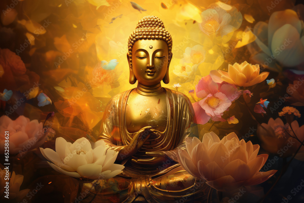 glowing golden buddha and water color flowers