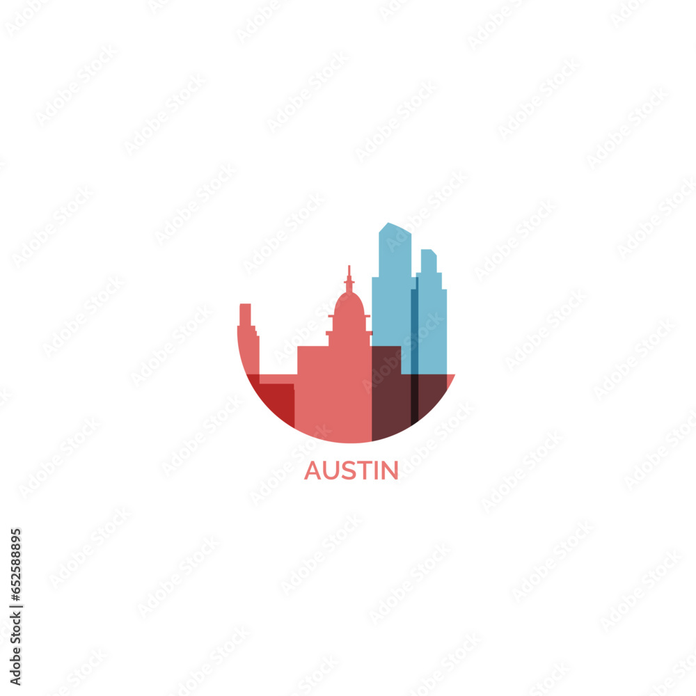 US Austin vector logo with skyline, cityscape, landmarks and attractions. USA, United States of America Texas state. modern icon concept, isolated graphic