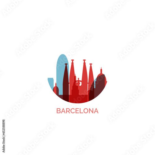 Spain Barcelona cityscape skyline panorama vector flat modern logo, icon. City emblem idea with landmarks, attractions and building silhouettes