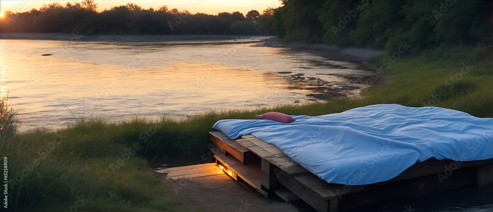 Bed on the side of a river on sunset. from Generative AI