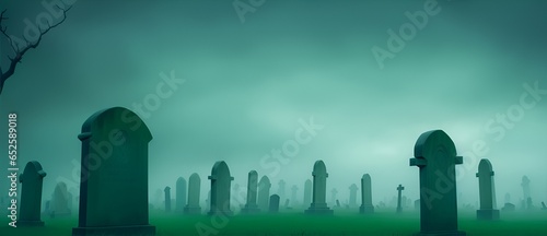 Scary foggy graveyard with green sky from Generative AI
