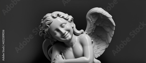 Smiling marble statue of an angel in plain black background. from Generative AI