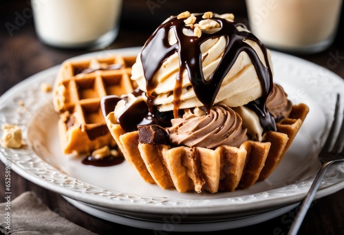 triple scoop of peanut butter cup, peanut butter fudge, and peanut butter swirl ice cream in a waffle cone Generative AI  photo